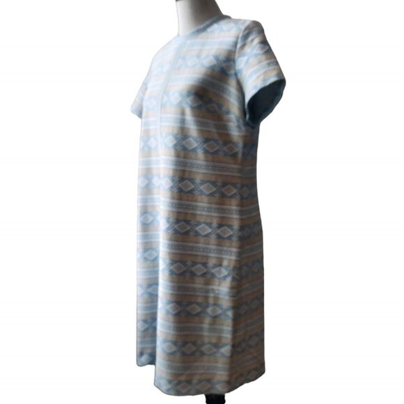 Vintage Lorac Originals Size L/XL? Blue Tan Textured Geometric S/S Sheath Dress - Picture 2 of 10